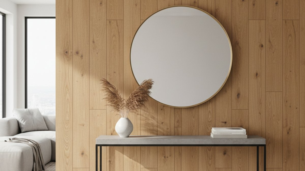 Mảng tường ốp tấm PVC vân gỗ trang trí phòng khách