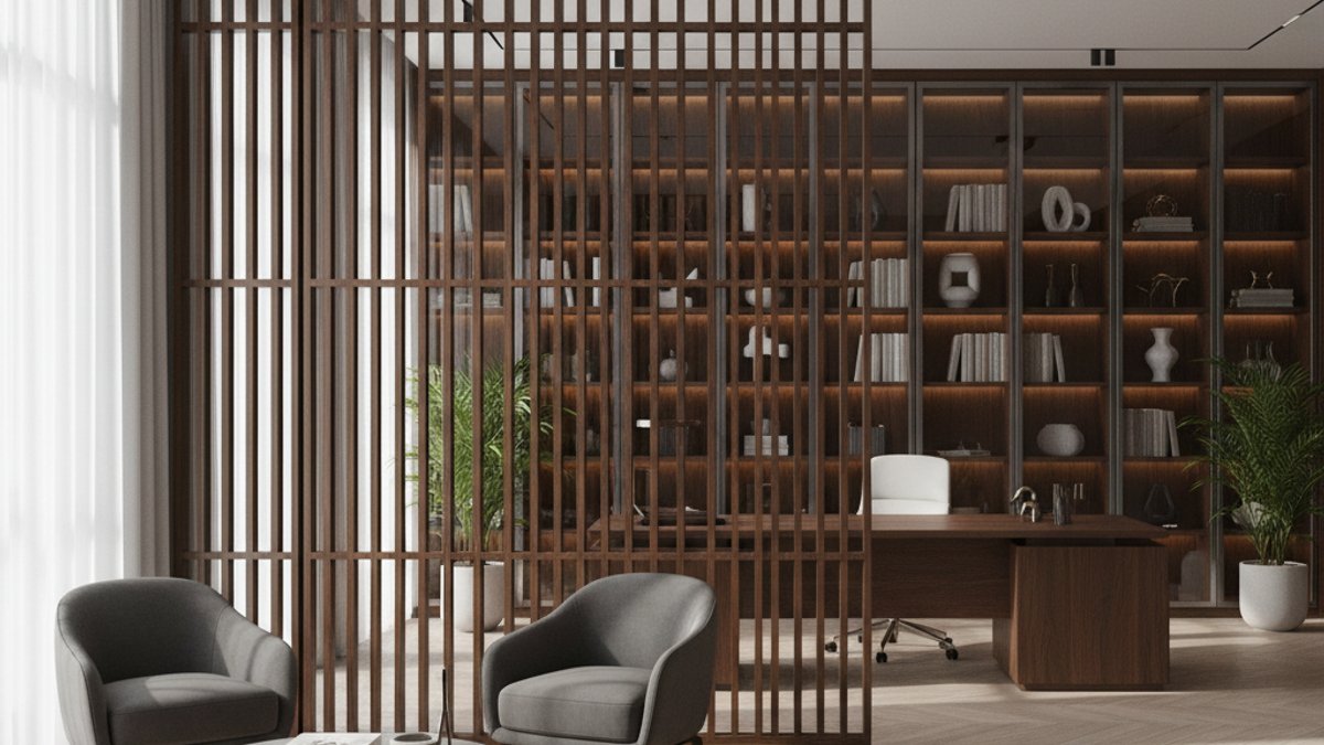 Vách ngăn kính khung gỗ và tủ gỗ mặt kính