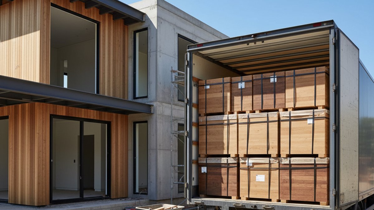 Xe tải chở sàn gỗ đến nhà khách hàng