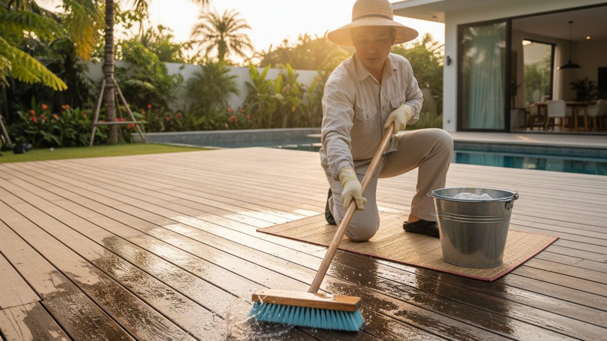 Người đang vệ sinh bề mặt gỗ decking