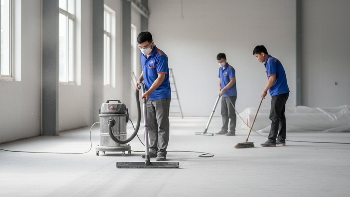 Thợ hút bụi vệ sinh nền trước khi lắp sàn