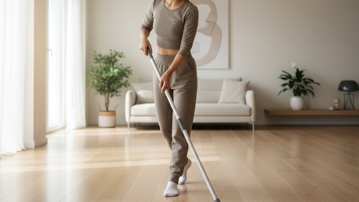 Người đang lau sàn gỗ bằng cây lau nhà