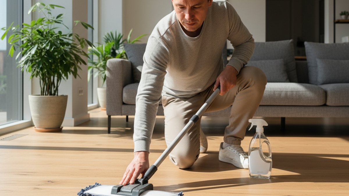 Người đang vệ sinh sàn gỗ bằng khăn mềm