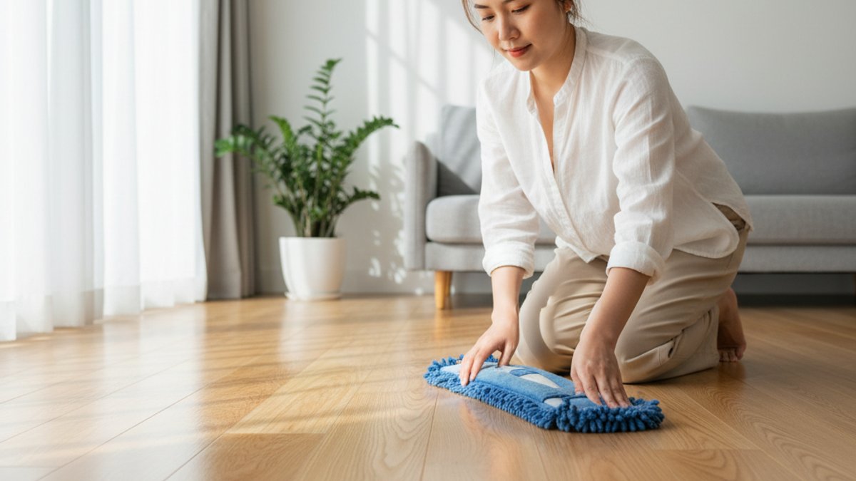 Người phụ nữ đang lau sàn gỗ cẩn thận