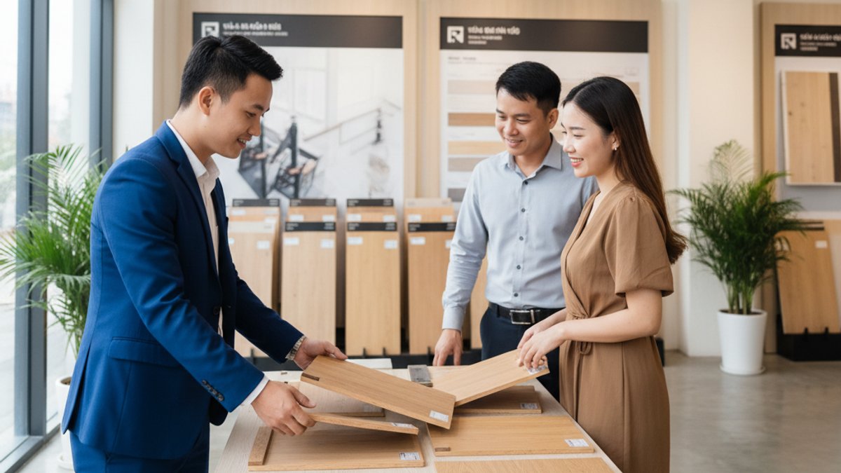 Nhân viên Vua Gỗ tư vấn khách hàng chọn sàn gỗ