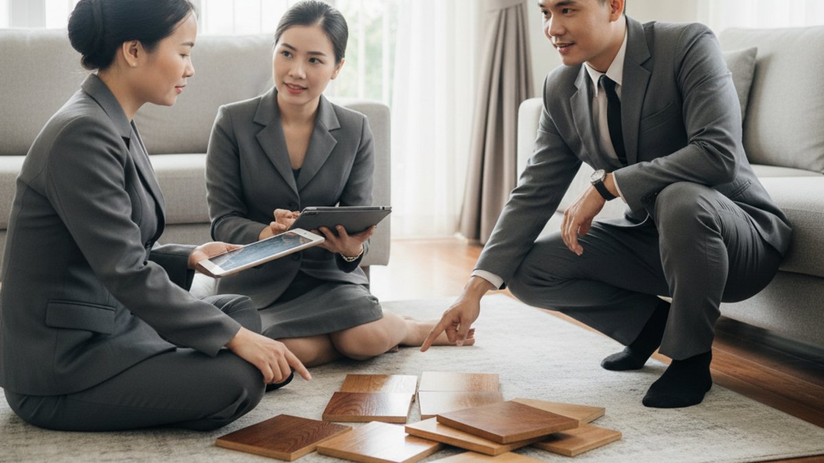 Đội ngũ Vua Gỗ tư vấn khách hàng về giải pháp phục hồi sàn