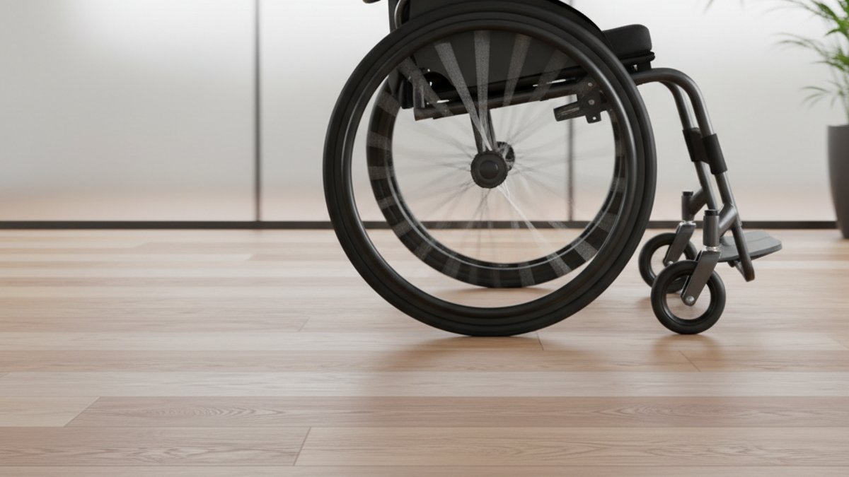 Xe lăn lăn trên sàn gỗ phẳng không gờ