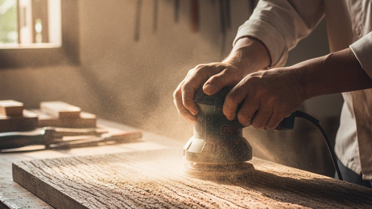 Thợ mộc đang chà nhám xử lý thanh gỗ cũ để tái chế