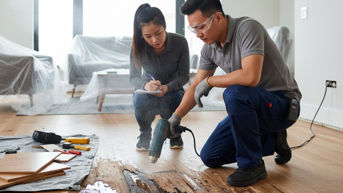 Kỹ thuật viên Vua Gỗ xử lý sàn gỗ bị phồng